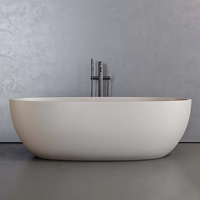 Modern Freestanding White Oval Bathtub with Silver Faucet Against Gray Wall 3d model