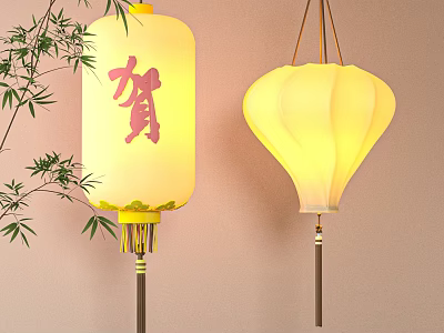 Traditional Chinese Square And Round Lanterns With Red Character And Bamboo Leaves 3d model