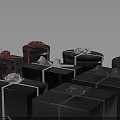 Stylish Black Gift Boxes with Red White Ribbons Bows and Colorful Patterns in Various Sizes