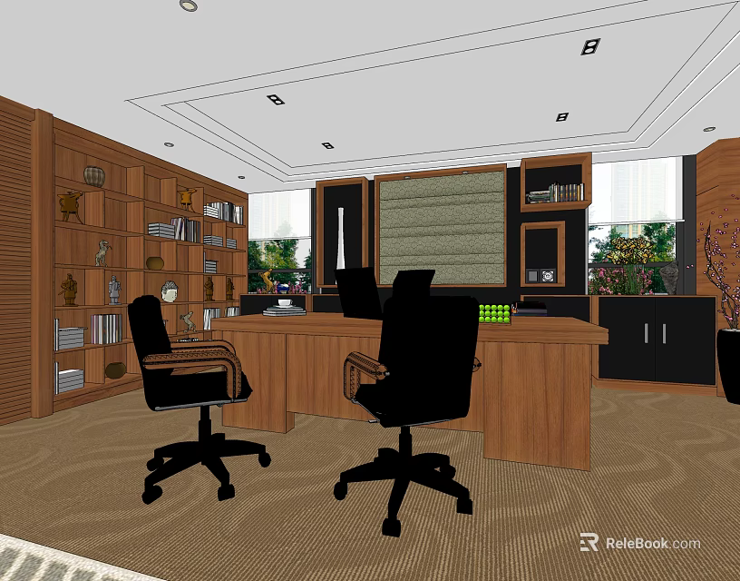 Modern Office Interior Design With Wooden Desk Black Office Chairs Bookshelves And Green Plants 3d model 
