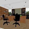 Modern Office Interior Design With Wooden Desk Black Office Chairs Bookshelves And Green Plants