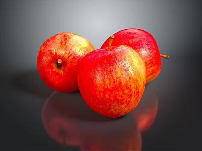 Three Fresh Juicy Red Apples With Vibrant Color And Shiny Skin On Dark Reflective Surface 3d model
