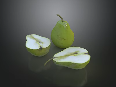 Fresh Green Pears with One Whole and Two Sliced on Dark Background 3d model