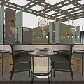 Elegant Restaurant Interior with Wooden Ceiling Chandeliers Red Floral Centerpiece Wooden Tables and Woven Chairs