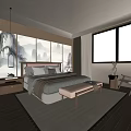 Modern Chinese Living Room Interior With Landscape Painting Backdrop Wooden Furniture And Large Windows