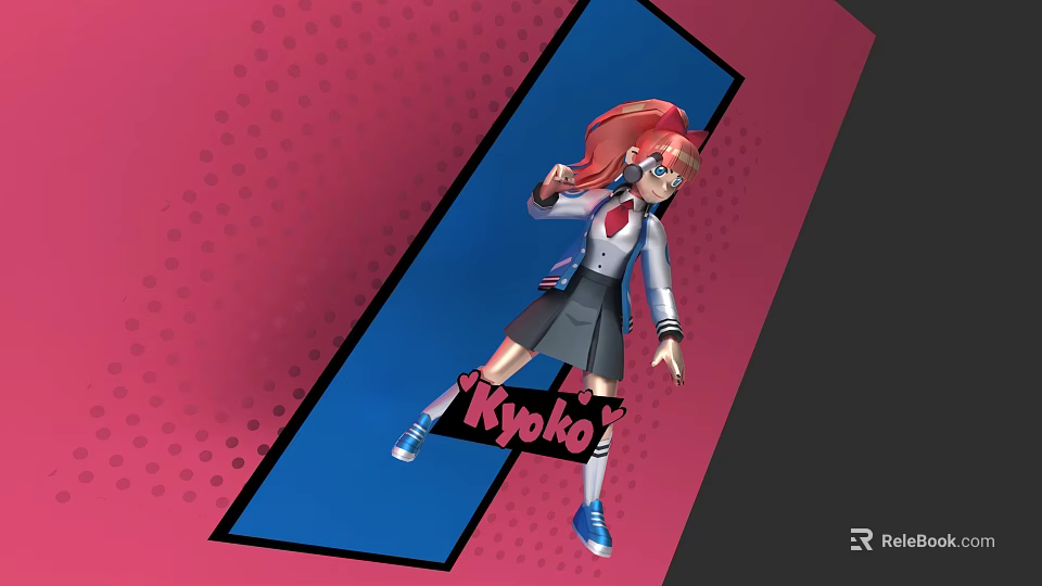 Kyoko Anime Game Character With Red Hair School Uniform Dynamic Pose Pink Blue Geometric Background 3d model 