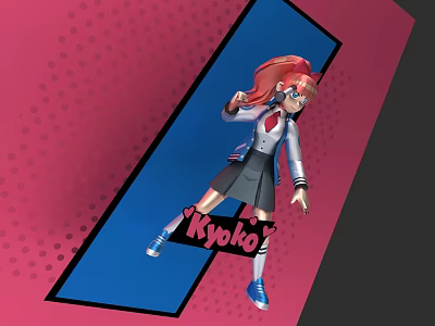 Kyoko Anime Game Character With Red Hair School Uniform Dynamic Pose Pink Blue Geometric Background 3d model