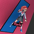 Kyoko Anime Game Character With Red Hair School Uniform Dynamic Pose Pink Blue Geometric Background