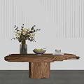 Natural Wood Coffee Table Featuring Rustic Surface Vase With Flowers Bowl Of Fruits And Books