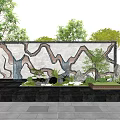 Modern Landscape Wall With Mountain Pattern Green Plants And Water Feature In Outdoor Garden