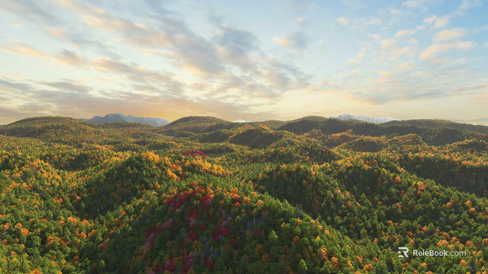 Scenic Mountain Landscape At Sunrise With Layered Hills Colorful Foliage And Blue Sky 3d model 