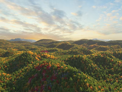 Scenic Mountain Landscape At Sunrise With Layered Hills Colorful Foliage And Blue Sky 3d model
