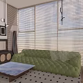 Living Room Interior Design With Green Sofa Wooden TV Cabinet Window Blinds And Decorative Paintings