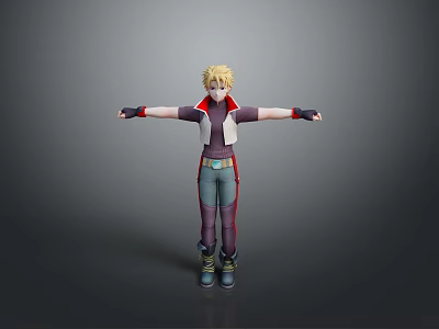 Blonde Haired Character in Purple Jacket with Red Accents Blue Pants Black Gloves Boots Arms Outstretched 3d model