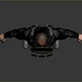 Man in POLICE vest with sunglasses black top and pants arms outstretched on gray background