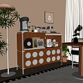 Modern Wooden Sideboard With Round Metal Panels Coffee Machine Vinyl Record And Storage Jars