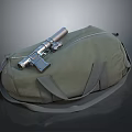 Tactical Firearm With Scope Resting On Green Canvas Duffle Bag