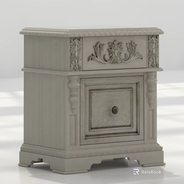 Classic Light Gray Wooden Bedside Table With Carved Details And Drawer 3d model 