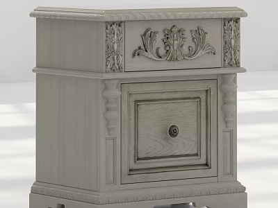 Classic Light Gray Wooden Bedside Table With Carved Details And Drawer 3d model