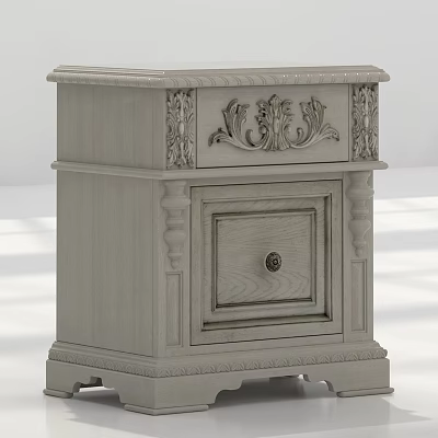 Classic Light Gray Wooden Bedside Table With Carved Details And Drawer 3d model