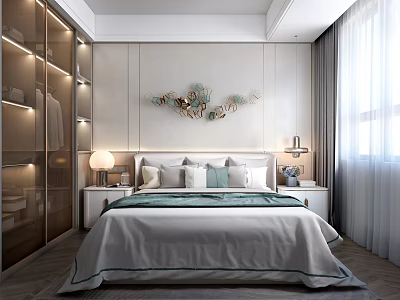 Elegant Modern Bedroom Interior With White Teal Bedding Wall Decor Nightstands And Glass Wardrobe 3d model