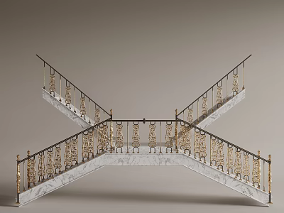 Elegant Double Flight Staircase With Golden Ornate Railings And Marble Steps 3d model
