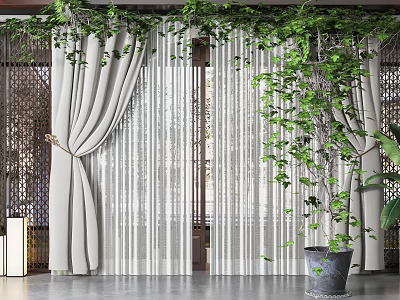 Hanging Basket Plants Decorating Indoor Space With White Curtains And Green Vines 3d model