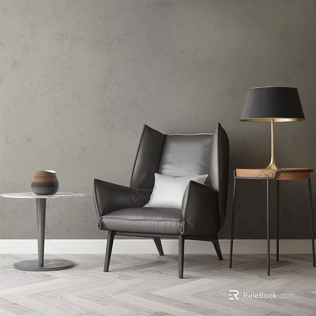 Modern Single Sofa Interior With Gray Wall Table Lamp Round Side Table And Vase 3d model