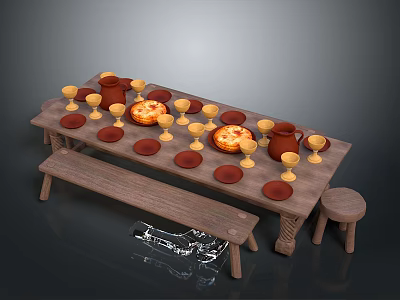 Wooden Dining Table With Pizza Cups Plates Clay Pots Bench And Stools 3d model