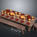Wooden Dining Table With Pizza Cups Plates Clay Pots Bench And Stools