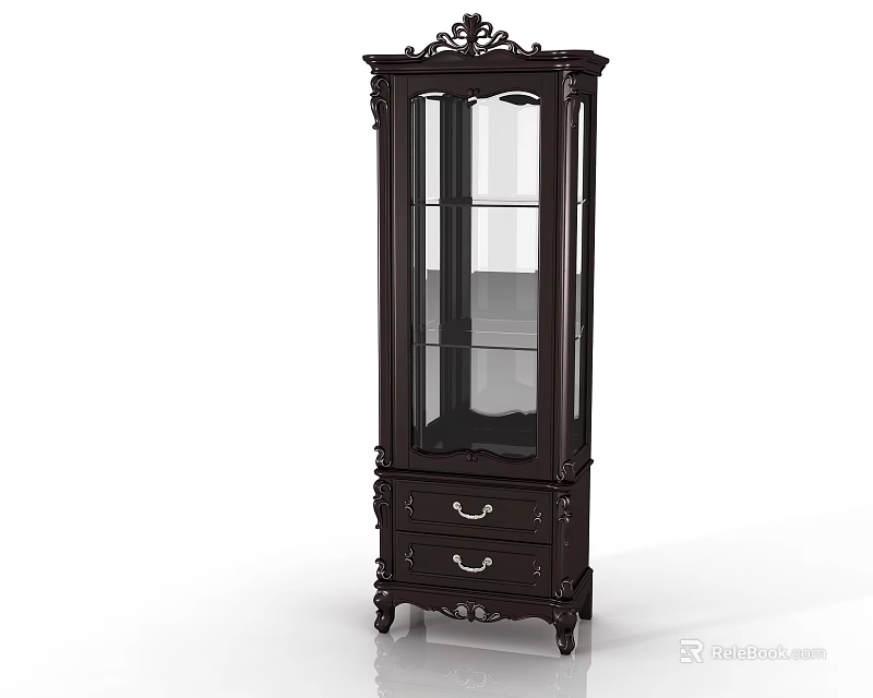 Classic Wooden Wine Cabinet With Carved Details Glass Doors And Drawers 3d model 