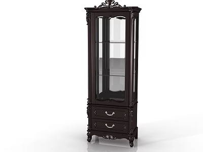 Classic Wooden Wine Cabinet With Carved Details Glass Doors And Drawers 3d model
