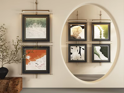 Modern Photo Wall with Framed Artworks Natural Scenery Abstract Prints Decorative Mirror and Plant Accent 3d model