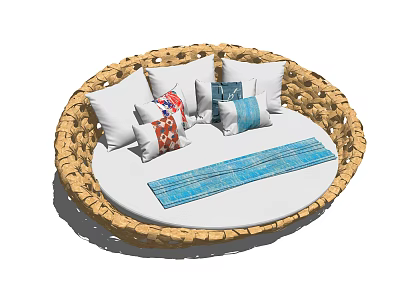 Round Bed With Woven Rattan Frame White Mattress And Colorful Pillows 3d model