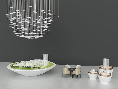 Commercial Equipment Display With Hanging Pendant Lights Tables Chairs And Stacked White Cups 3d model
