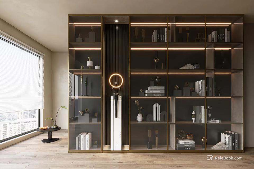 Modern Bookcase Interior Design With Built in Lighting And Decorative Items 3d model 