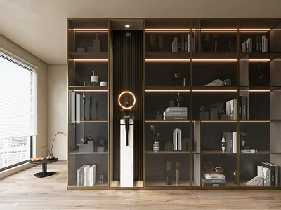 Modern Bookcase Interior Design With Built in Lighting And Decorative Items 3d model