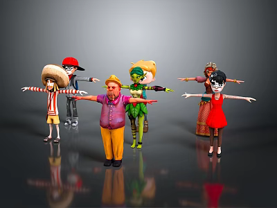 Vibrant Cartoon Characters And Creatures With Diverse Costumes And Poses Standing Together 3d model