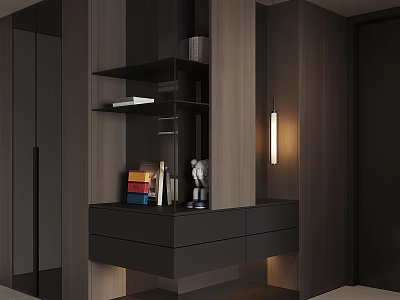 Modern Shoe Cabinet Design With Wooden Drawers Shelves And Built-in Lighting 3d model