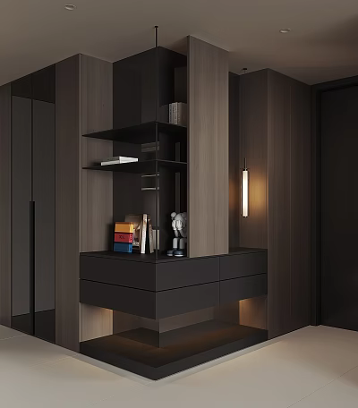 Modern Shoe Cabinet Design With Wooden Drawers Shelves And Built-in Lighting 3d model