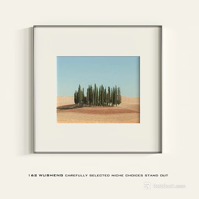 Framed Botanical Painting Featuring Cypress Trees In Open Field With Blue Sky 3d model 