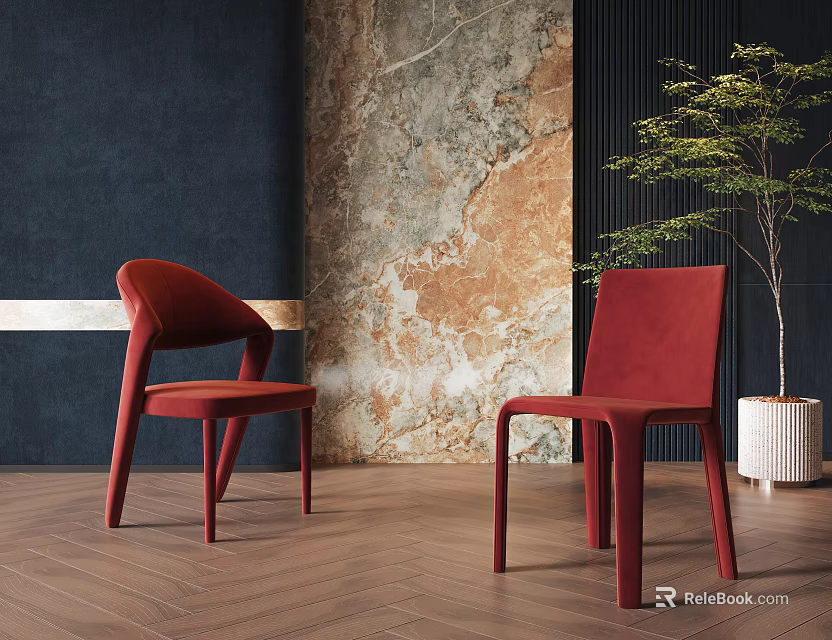Red Single Chairs In Modern Interior With Dark Wall Marble Texture Wooden Floor Green Plant 3d model 
