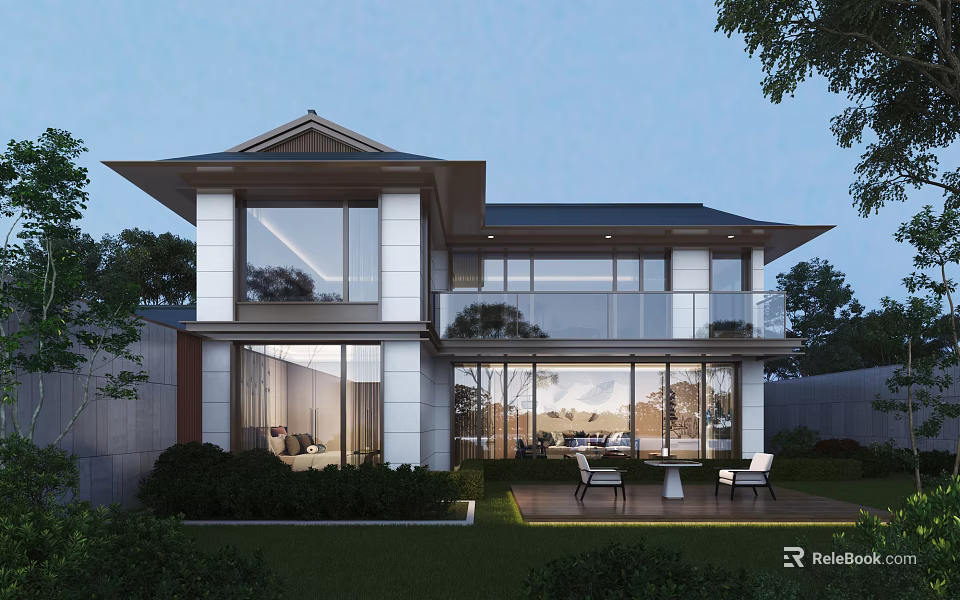 Modern Detached Villa with Two Story Large Glass Windows Sloped Roof Greenery and Outdoor Seating 3d model 