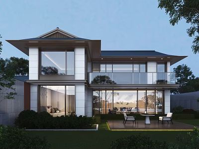 Modern Detached Villa with Two Story Large Glass Windows Sloped Roof Greenery and Outdoor Seating 3d model