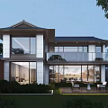 Modern Detached Villa with Two Story Large Glass Windows Sloped Roof Greenery and Outdoor Seating