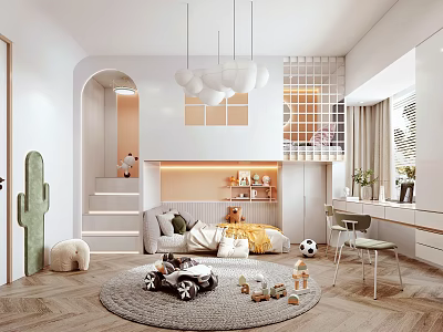 Bright Kids Room Interior Design With Arched Doorway White Pendant Lights Round Rug And Toys 3d model