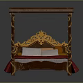 Elegant Canopy Bed With Golden Carved Frame Red Mattress And Pillows