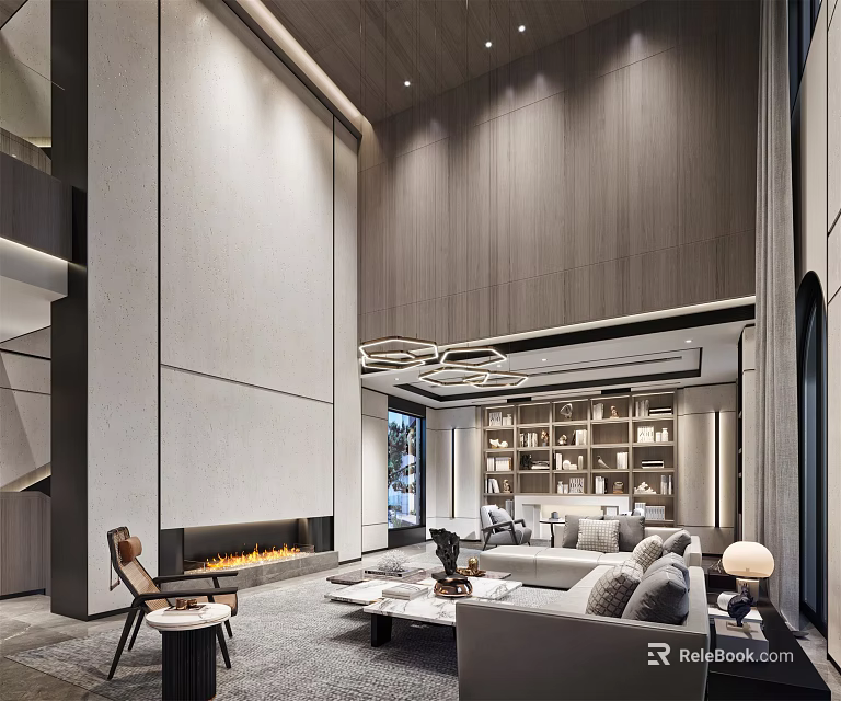 Modern Duplex Living Room Interior With High Ceiling Bookshelves And Cozy Sofa Fireplace 3d model 