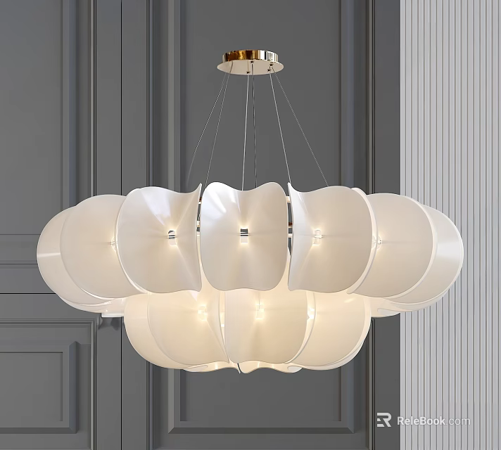 Modern White Petal Shaped Layered Chandelier with Soft Light on Gray Wall 3d model 