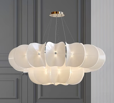 Modern White Petal Shaped Layered Chandelier with Soft Light on Gray Wall 3d model
